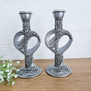 Vintage 2 Cast Aluminum Gothic Style Heart & Rose Candlesticks Candle Holders